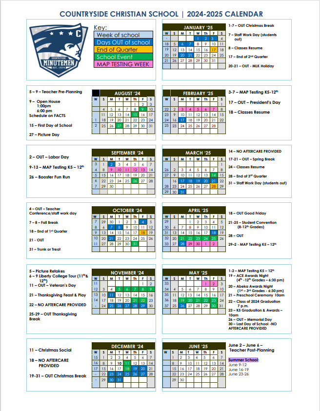 20242025 School Calendar Countryside Christian School